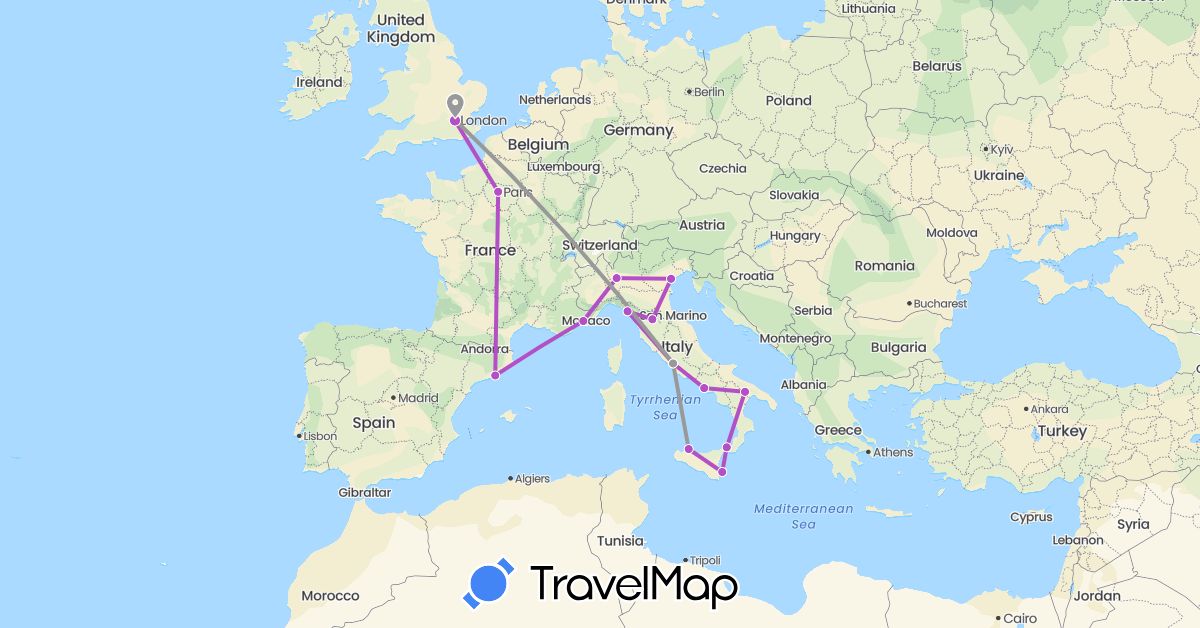 TravelMap itinerary: driving, plane, train in Spain, France, United Kingdom, Italy, Vatican City (Europe)